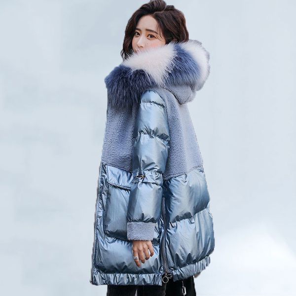 

spliced women's winter jacket imitation lamb wool mid-length 2020 thick shiny blue winter hooded jacket patchwork warm jackets, Black