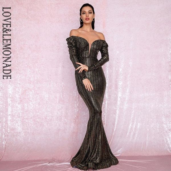 

love&lemonade open shoulder gold sequins composite bubble long sleeve bodycon party maxi dress lm81926, Black;gray