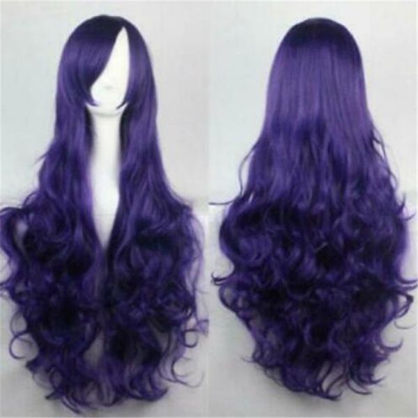 

new cosplay beautiful long purple mixed curly hair women wig, Black