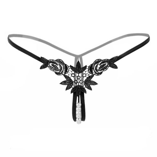 

embroidery three-dimensional panties pearl ladies water-soluble flower thong low waist perspective t pants, Black;pink