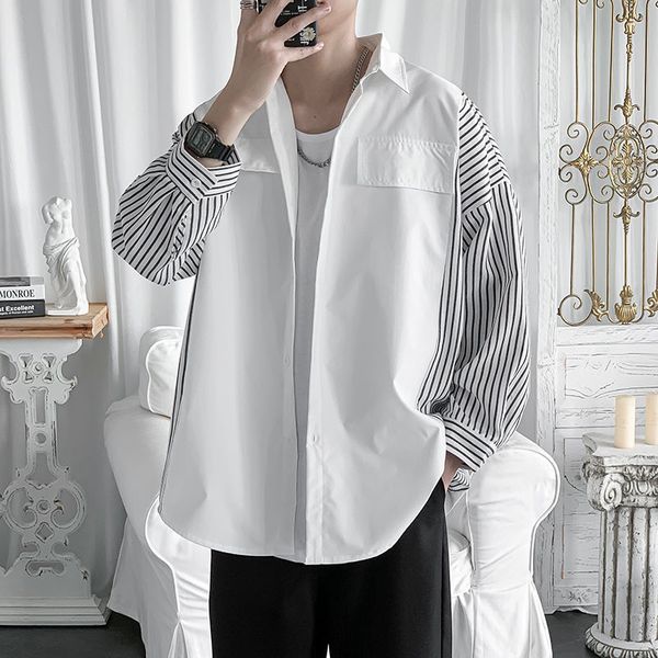 

summer dress shirt men's fashion striped shirt hit color business casual shirts mens streetwear wild loose seven sleeve, White;black