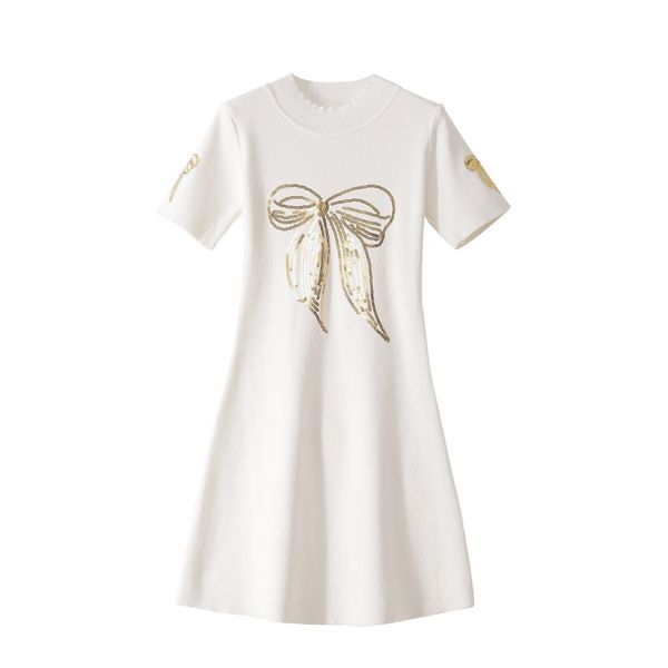 

luxury runway summer black white sweet bow sequin short-sleeve o-neck knitting cotton casual elegant clothes women sweater dress