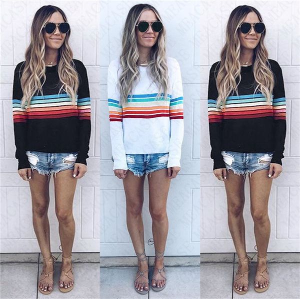 

2020 women hoodie long sleeve sweat shirt for women ladies rainbow striped pullover sweatshirt girls hip hop blouse hoodies sale d71514, Black