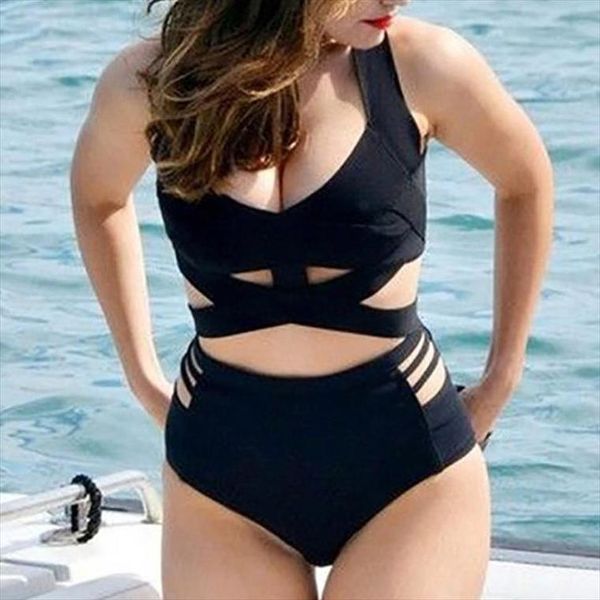 

2020 bikini european and american black plus full size bikini solid split swimwear female high waist hollow belt fat large, White;black