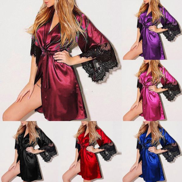 

women sleepwear night robes silk satin nighties nightgown nightdress lace nightwear babydoll bath robe femme, Black;red