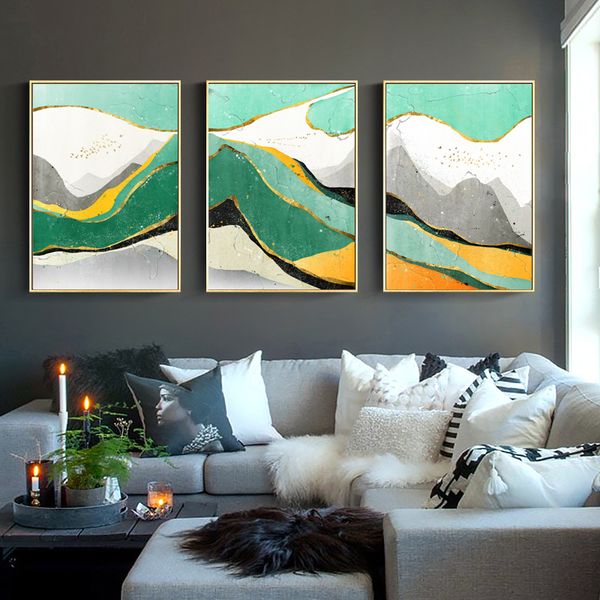 

green white abstract landscape painting mountains golden flying birds canvas painting wall art picture poster and print home dec