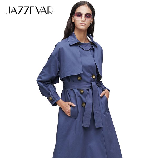 

jazzevar 2020 new arrival autumn khaki trench coat women casual long outerwear cotton with belt fashion women9009-1, Tan;black