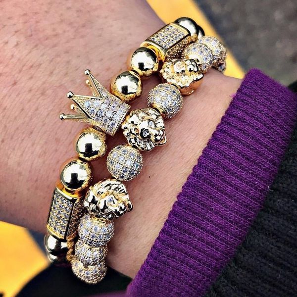 

2020 new luxury crown lion men bracelet pave cubic zircon braided macrame lion charm bracelet for men women jewelry gift, Red;blue