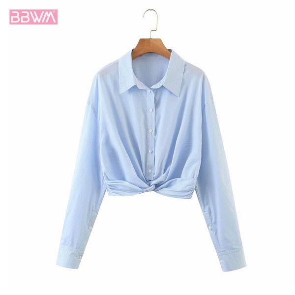 

women's blouses & shirts lapel long-sleeved single-breasted blue summer short exposed navel shirt loose thin leisure vacation chic fema, White