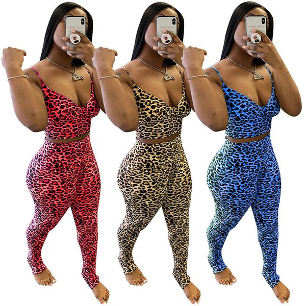 

summer set 2020 new in europe and america fashion women's two piece casual suit leopard print multi-color sling tight two-piece suit, White