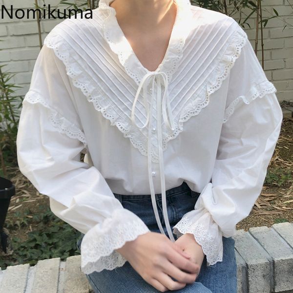 

nomikuma lace patchwork women shirts lantern long sleeve causal blusas lace up o-neck single breasted korean blouses 6b147, White
