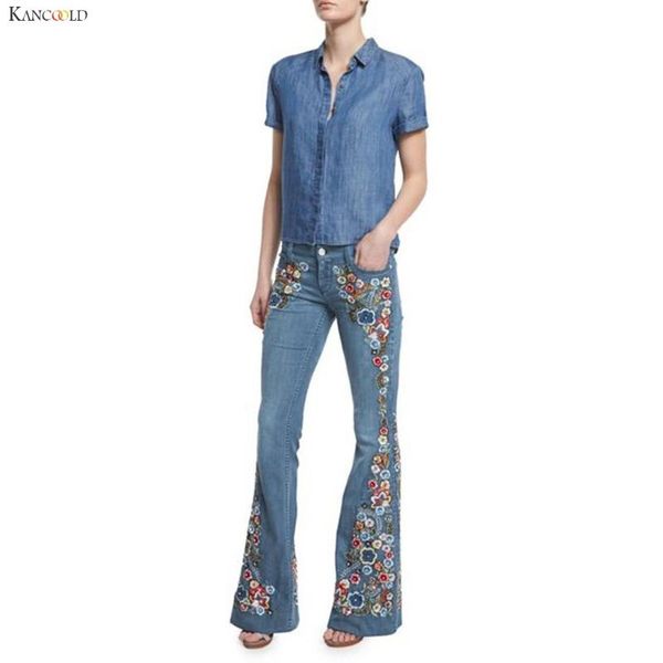 

kancoold pants women embroidery destoryed flare jeans button waist bell bottom denim pants fashion new jeans woman 2020oct31, Blue