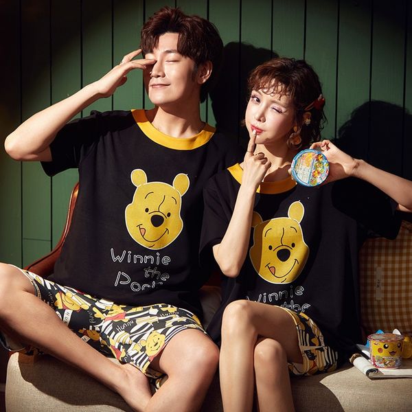 

lvgbj korean style short-sleeved couple's pajamas cotton sweet cute casual wear shorts and shorts men's and women's home clot, Black;brown
