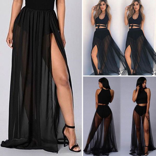 

4 colors available women side split skirt see through floor length beach skirt long maxi solid black long skirt