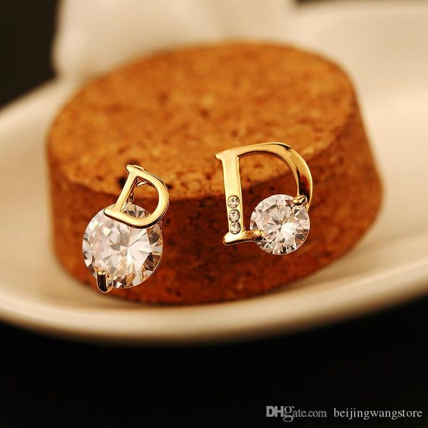 

2017 new fashion zircon asymmetric stud earrings for women 18k gold plated letter brand jewelry high quality, Golden;silver