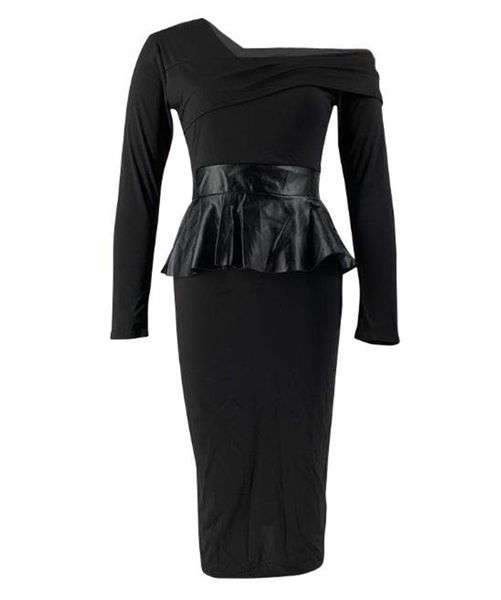 

womens designer dresses fashion ruffle panelled natural color dress casual one shoulder long sleeve dresses women clothes, Black;gray