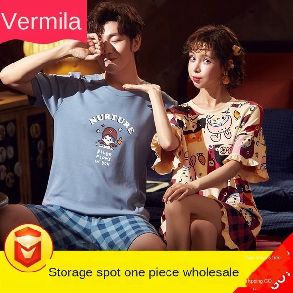 

2020 thin couple women's cotton short pajamas pajamas sleeve suit cute cartoon outdoor wear home clothes men, Blue;red
