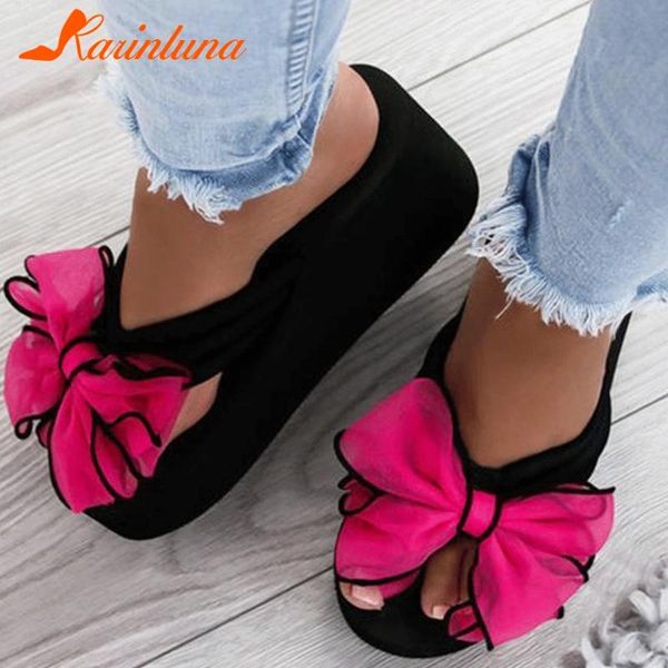 

karin 2020 brand leisure plus size 42 sweet bow flip flops platform summer women shoes fashion slippers, Black