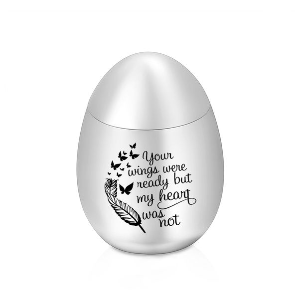 

egg shape stainless steel small jar cremation memorial necklace for ashes urn keepsake pendant jewelry-your wing were ready my heart was not, Silver