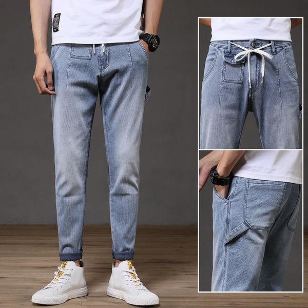 

ymwmhu solid minimalism jeans men slim fit fashion autumn and winter casual trouser drawstring waist pants denim korean jean, Blue