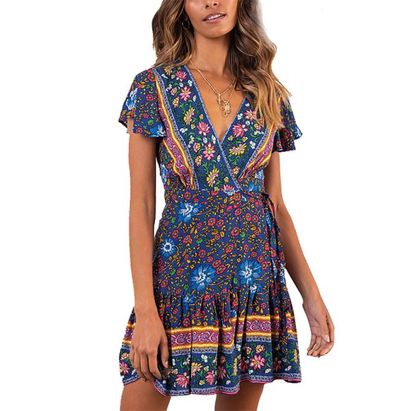 

print casual beach dress women v-neck short sleeve summer dress fashion plus size a-line party vestidos female with belt, Black;gray