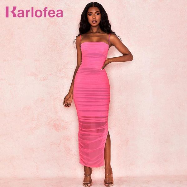 

karlofea women mesh maxi dress summer strap split ruched organza vestidos summer daily outwear night club party long dress, Black;gray