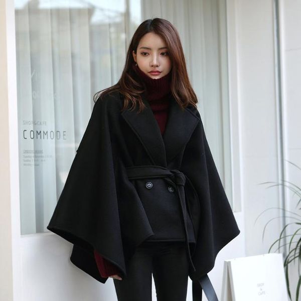 

шерсть пальто зимы женщин 2019 новый шерстяное пальто средней длиной свободно галстука шаль накидки утолщенного пальто моды, Black