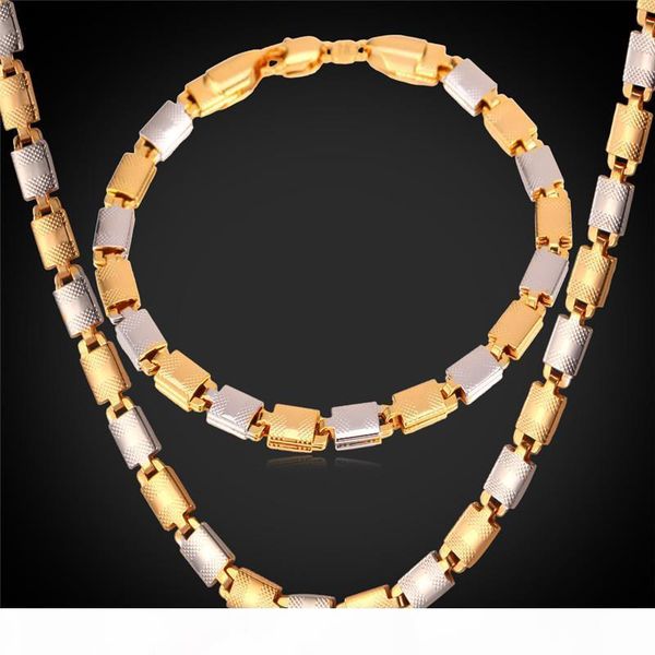 

platinum 18k real gold plated new trendy fancy italy two tone gold chunky bracelet chain necklace set, Silver