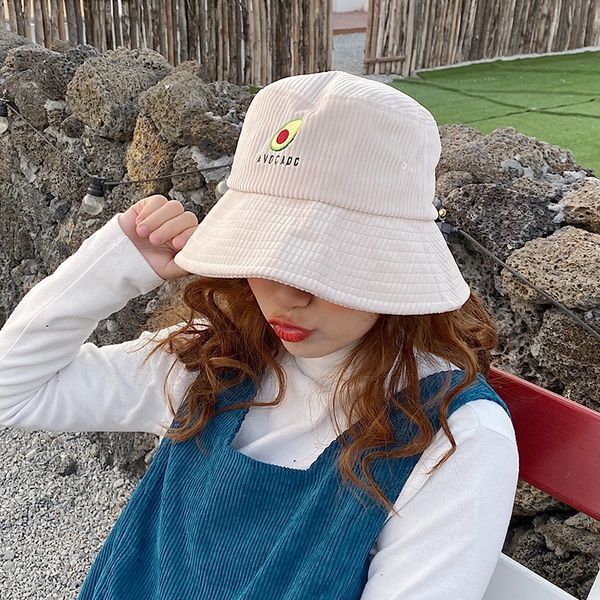 

women avocado patterned embroidery corduroy bucket hat solid concise casual female fisherman hat stylish joker basin bonnet, Blue;gray