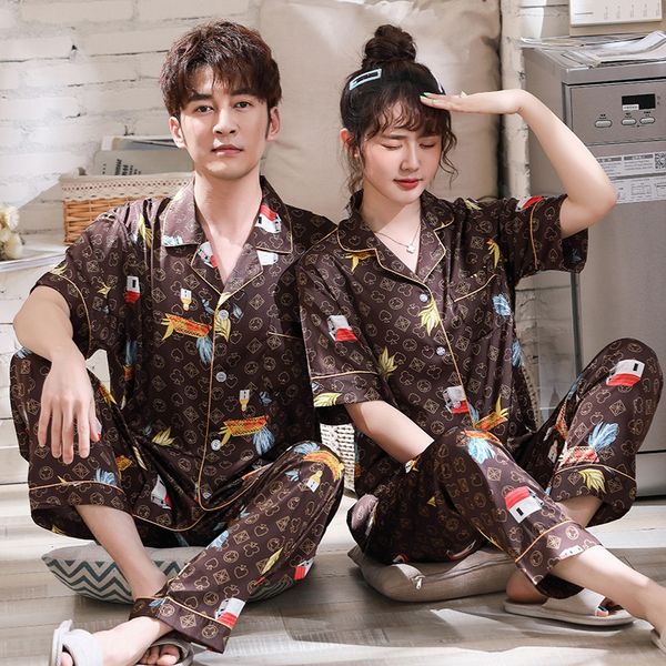 

c7mcu women's summer short-sleeved thin ice clothes home silk and snow silk home clothes men's suit online popular silk-like coupl, Black;brown
