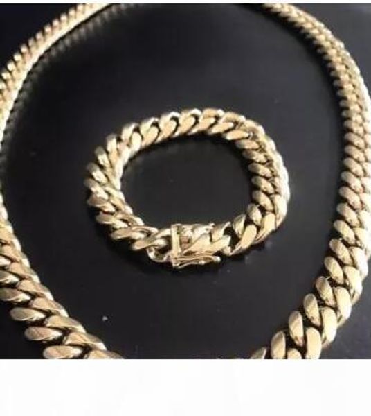 

14mm men cuban miami link bracelet & chain set 14k gold plated stainless steel, Silver