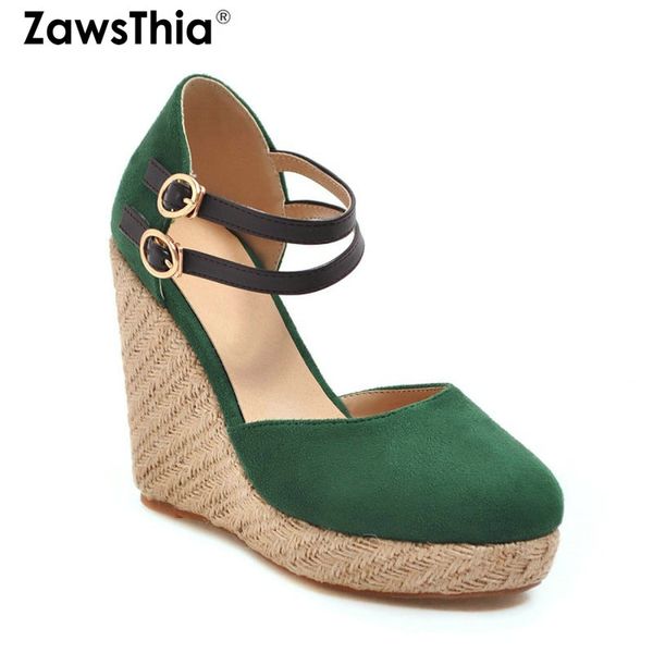 

zawsthia 2020 summer green purple cover toe platform high heels woman mary janes shoes women espadrille wedges sandals size 43, Black