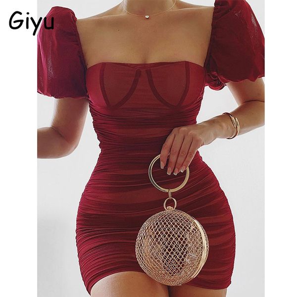 

casual dresses giyu club party dress women 2021 summer satin mesh ruched bodycon mini elegant puff sleeve backless vestidos pink, Black;gray
