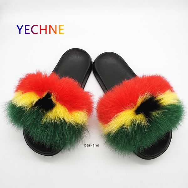

природные fox волос тапочки женщины мех енота южная африка пушистый ползунки ямайка furry лето сладкое женская обувь нигерия гана, Black