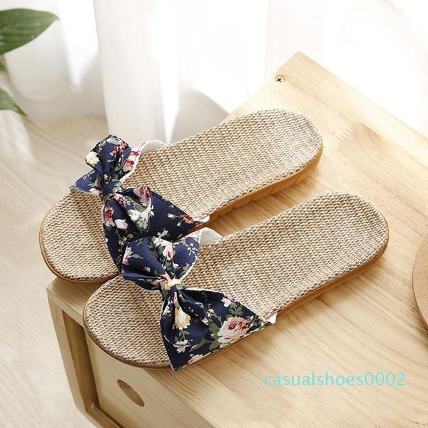 

women female bohemia bowknot flax linen flip flops beach shoes sandals slipper female literary leisure wear flip-flops flat c02, Black
