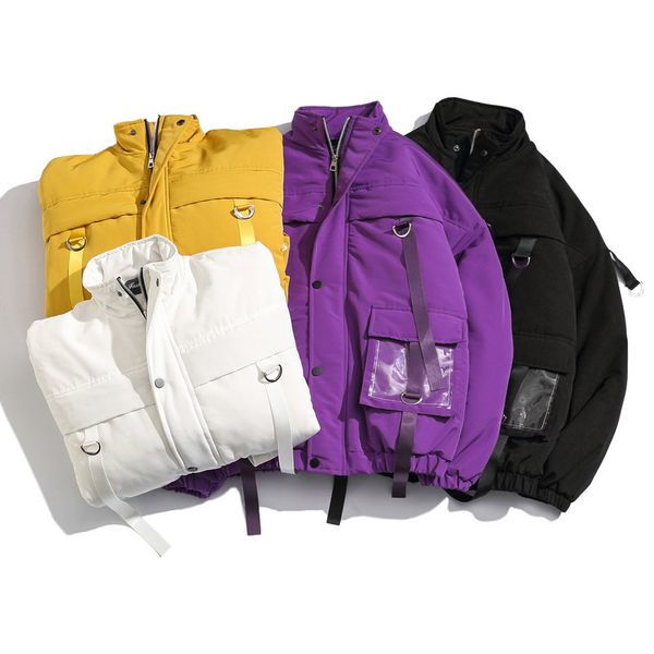 

2020 new casual winter jackets cotton padded jackets men thicken windproof fashion men parka pockets coats clothing streetwear, Black