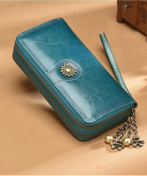 

luxury peacock blue leather wallet ladies design clutch bag ladies fashion retro long double zipper large capacity multi-card coin purse 349