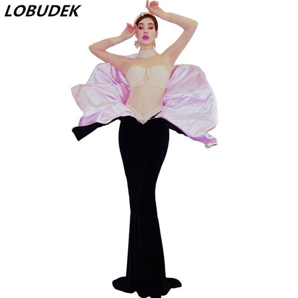 

pearl mesh velvet patchwork transparent floor length dress lady evening prom models catwalk long dress singer dancer show runway dresses, Black