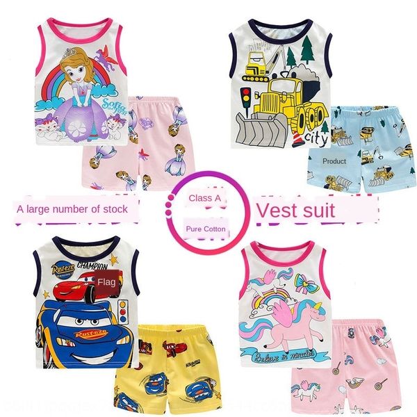 

2b2vj children's vest short-sleeved pants suit sleeveless baby thin baby boy summer girl air conditioning pajamas vest pajamas air-cond, Blue