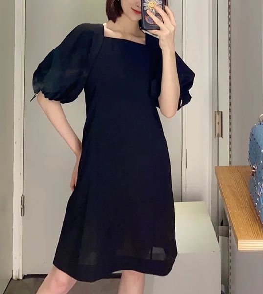 

women dress 2020 new black drawstring bubble sleeve square collar high waist mini dress, Black;gray
