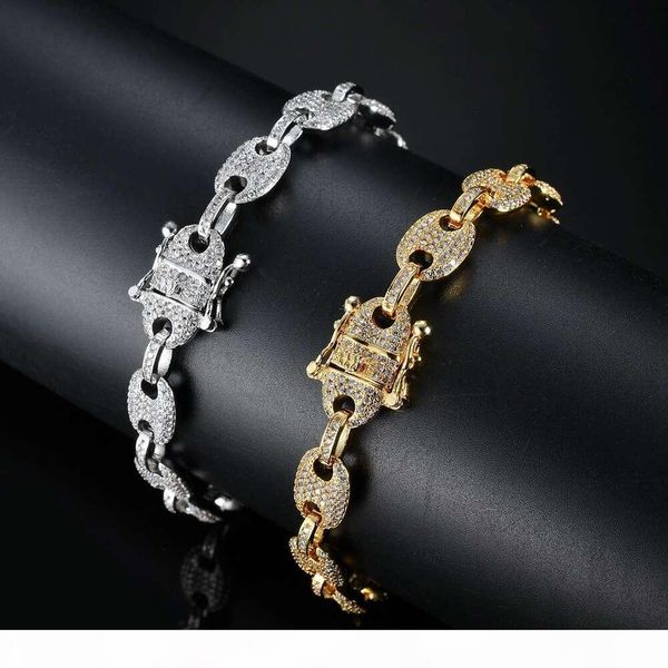 

hip hop diamonds chains bracelet for men copper zircon real gold plated luxury bracelets 9 mm 7 inches 8 inches cuban chain jewelry, Black