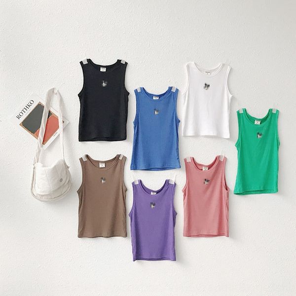 

children's candy-colored summer high elastic ribbed men's vest vest and women'ssame style small camisole children's soft, Blue