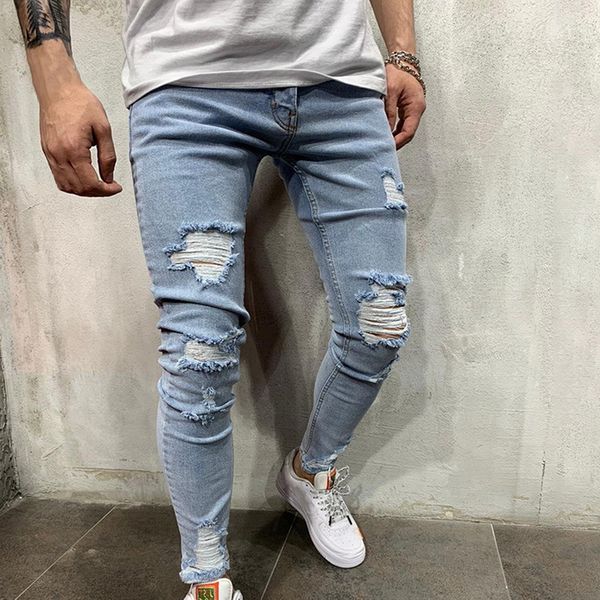 

men stretchy ripped skinny biker embroidery print slim fit jeans destroyed hole taped denim scratched high quality, Blue