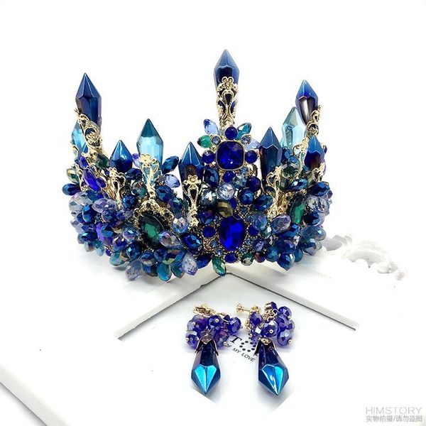 

himstory brides oversize blue baroque royal tiaras crown headpiece retro green rhinestone tiara hairbands wedding hair jewelry mx200720, White;golden