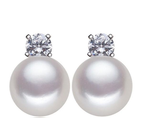 

fashion bride wedding 8-9mm natural freshwater pearl stud earrings shining cz zircon rhinestone ear stud earrings gifts, Golden;silver