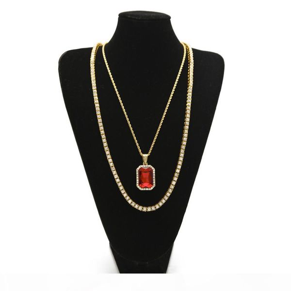 

men hip hop necklaces set lced out rhinestone chain with square red blue crystal pendant necklaces jewelry set, Silver