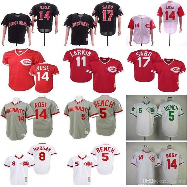 

mens 14 pete rose 5 johnny bench 11 barry larkin 17 chris sabo vintage 1976 1969 1990 stitched baseball jerseys, Blue;black