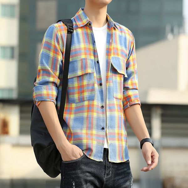 

men's casual shirts fashion men slim fit long sleeve cotton plaid tee chemise homme mens checkered handsome blouse, White;black