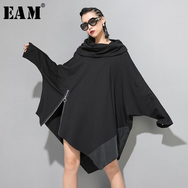 

eam] loose fit oversize spliced irregular sweatshirt new round neck long sleeve women big size fashion spring autumn 2020 1b195, Black