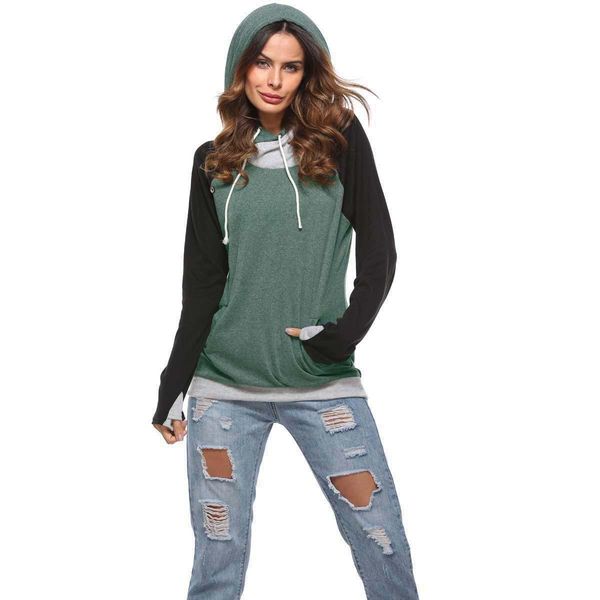 

really making a new cross-border trade explosion models hooded drawstring color stitching fat mm large size women sweater t-shirt, Black